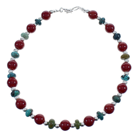 Genuine Sterling Silver Turquoise And Coral Navajo Bead Bracelet JX123396